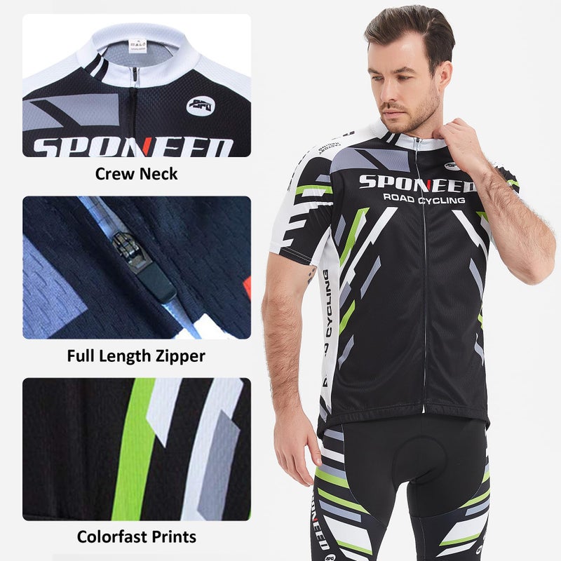 sponeed Men's Cycling Jersey Back Pockets Padded Cycle Shorts Suits Biking Pants US L Green Black - Image 3